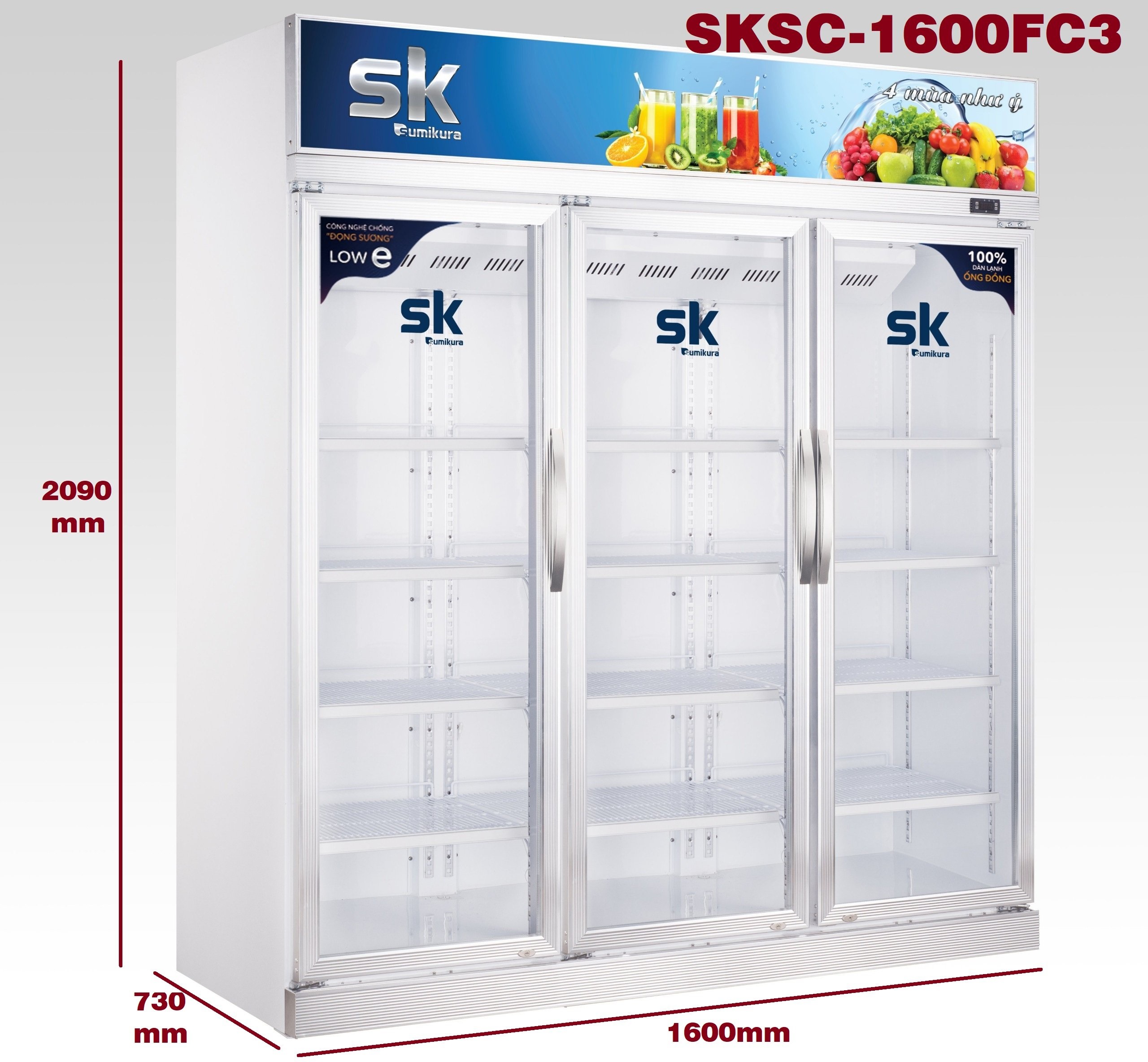 Tủ Mát SK Sumikura SKSC-1600FC3 1500 Lít Dàn Đồng 3 Cửa Không Đóng Tuyết