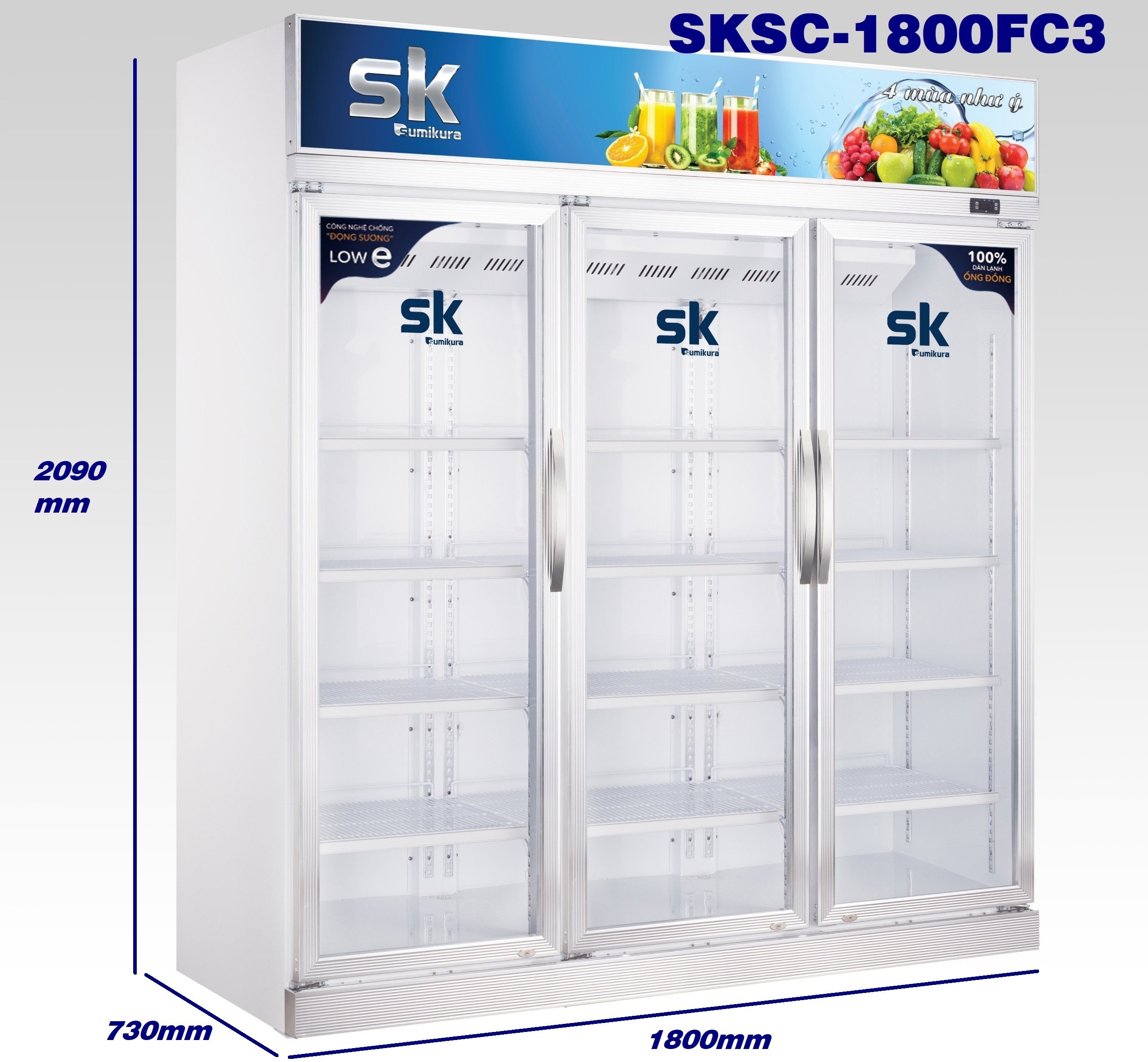 Tủ Mát SK Sumikura SKSC-1800FC3 1700 Lít Dàn Đồng 3 Cửa Không Đóng Tuyết
